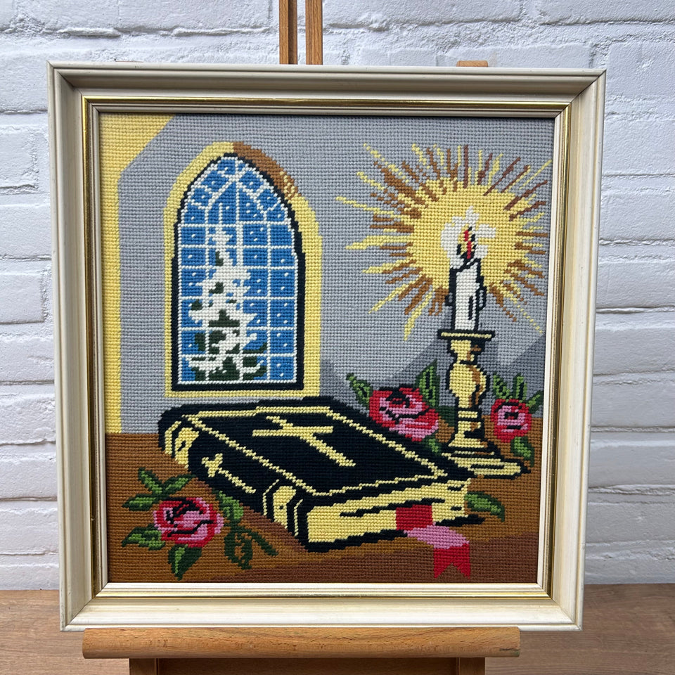 Holy Bible - Vintage Embroidery - Tapestry - Patchwork - Cotton work - Framed
