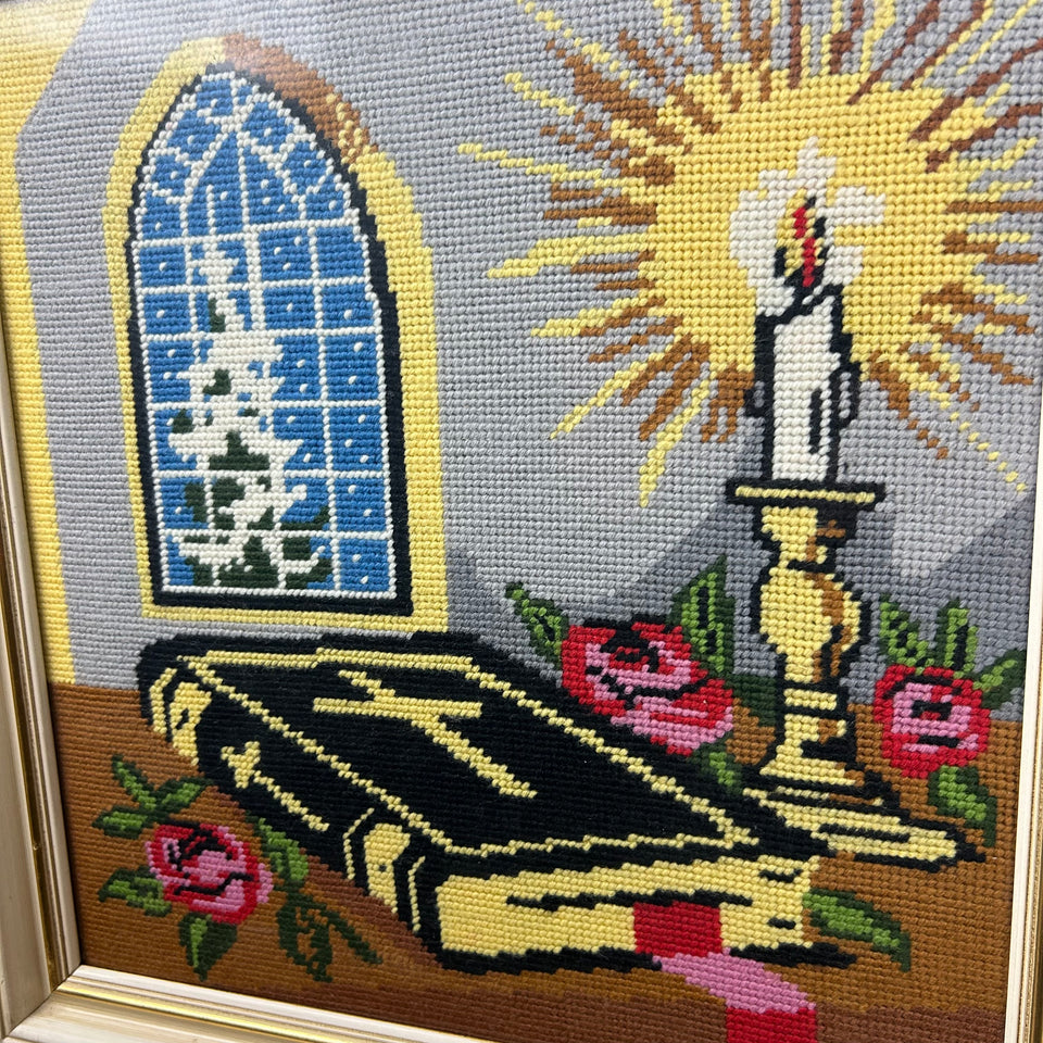 Holy Bible - Vintage Embroidery - Tapestry - Patchwork - Cotton work - Framed