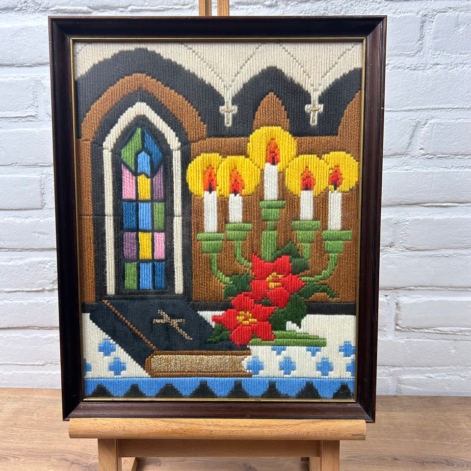 Holy Bible & Chandelier - Vintage Embroidery - Tapestry - Patchwork - Cotton work - Framed