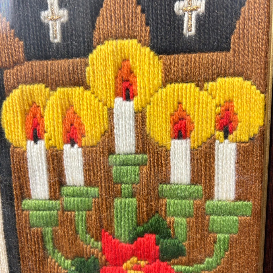 Holy Bible & Chandelier - Vintage Embroidery - Tapestry - Patchwork - Cotton work - Framed