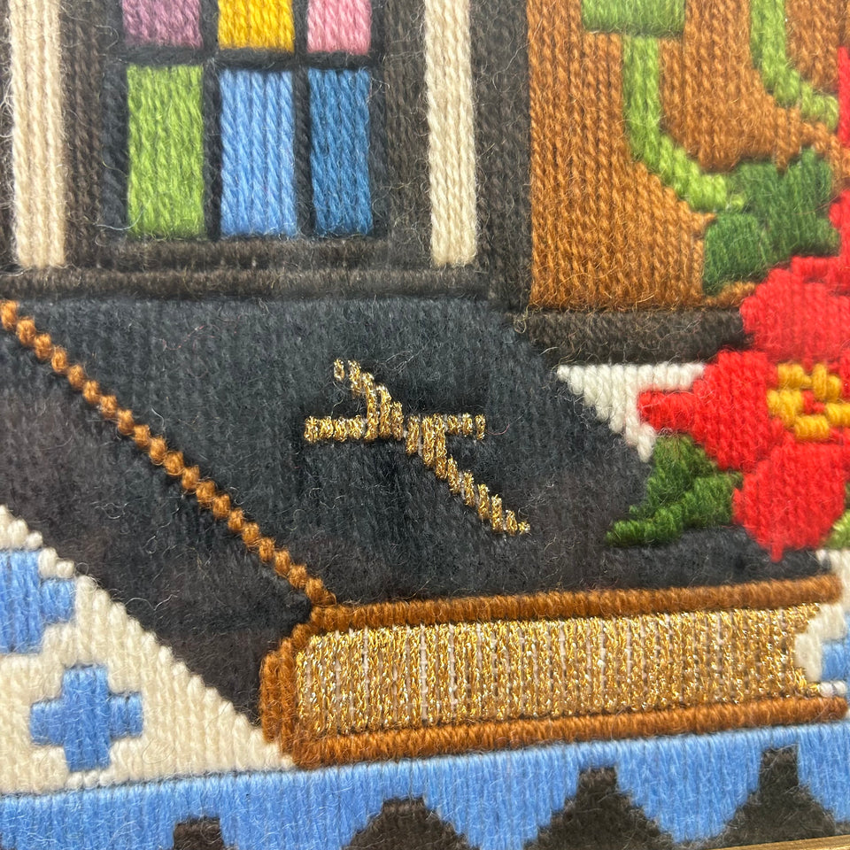 Holy Bible & Chandelier - Vintage Embroidery - Tapestry - Patchwork - Cotton work - Framed