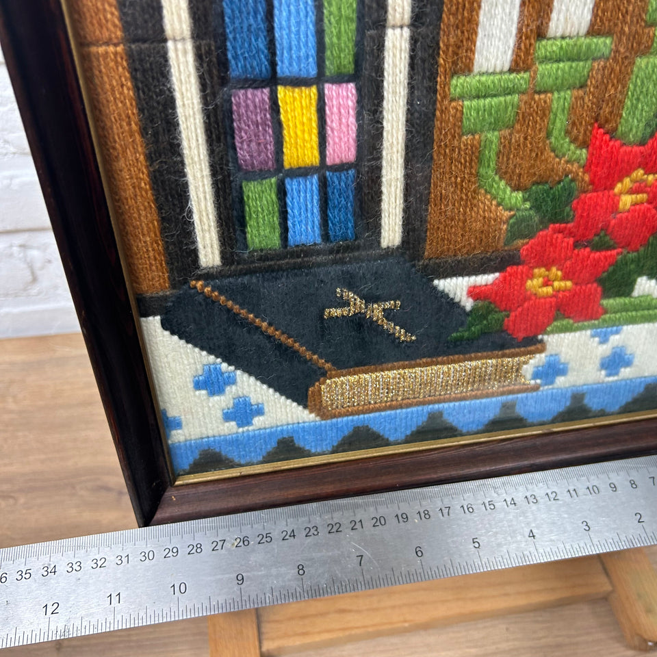 Holy Bible & Chandelier - Vintage Embroidery - Tapestry - Patchwork - Cotton work - Framed
