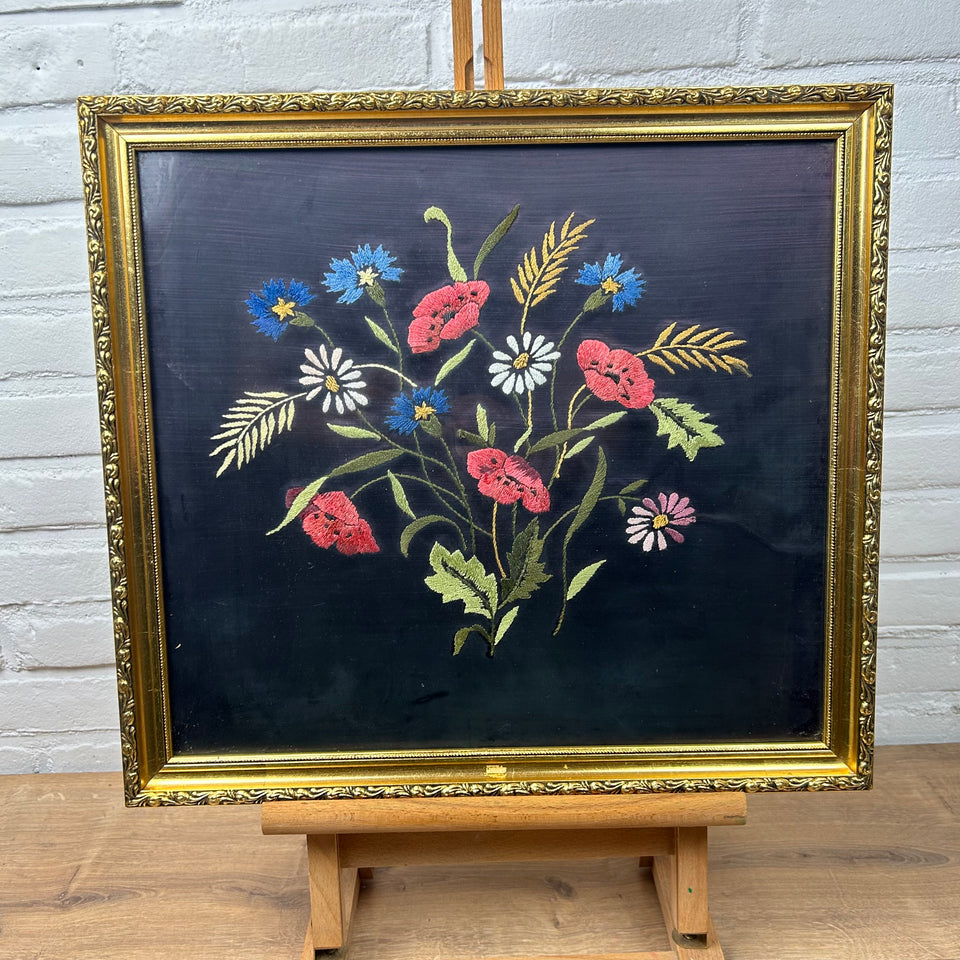 Colourful flowers on black background - Vintage Embroidery - Tapestry - Patchwork - Cotton work - Framed