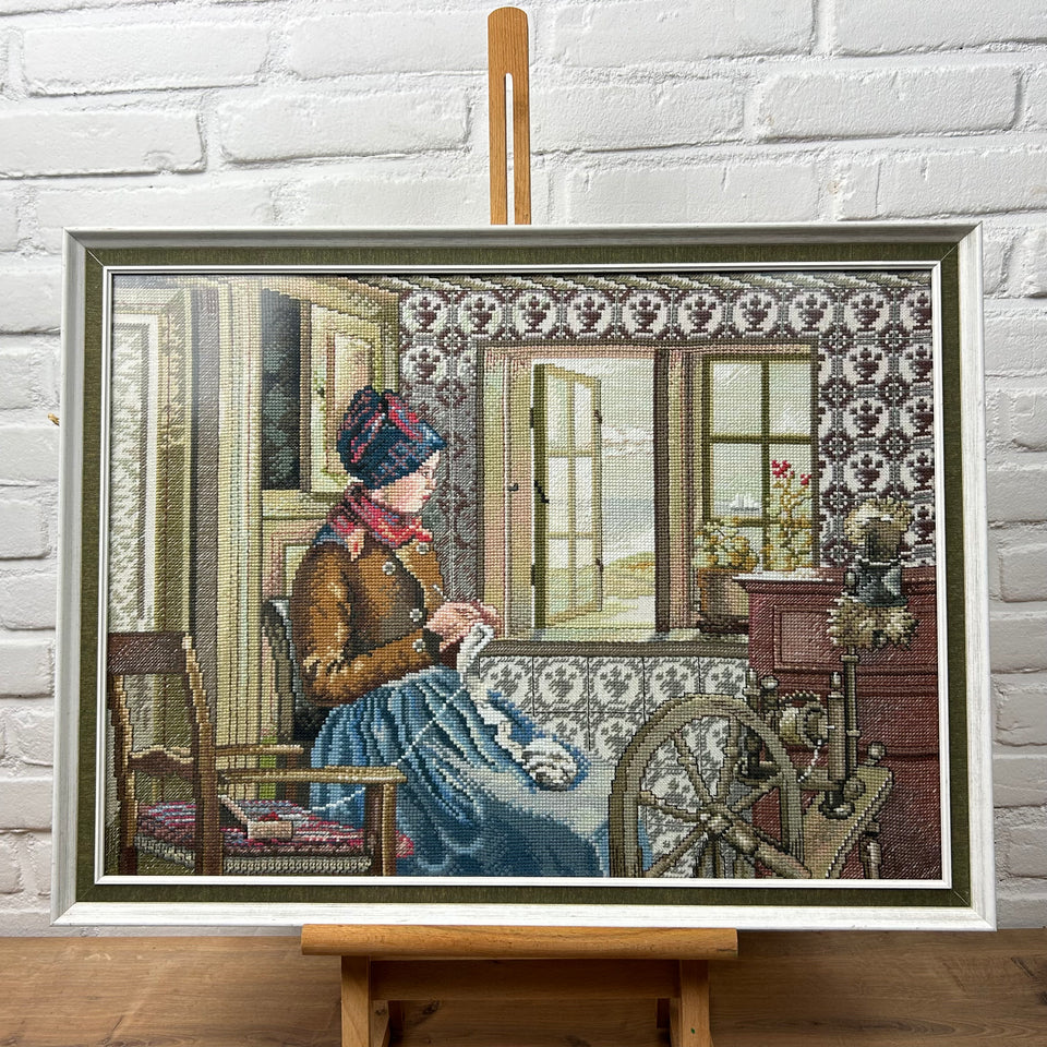 Woman knotting 19th century style - Vintage Embroidery - Tapestry - Patchwork - Cotton work - Framed