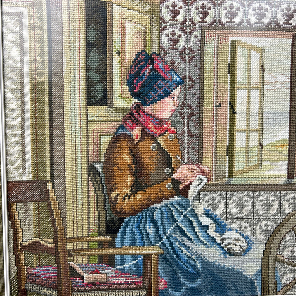 Woman knotting 19th century style - Vintage Embroidery - Tapestry - Patchwork - Cotton work - Framed