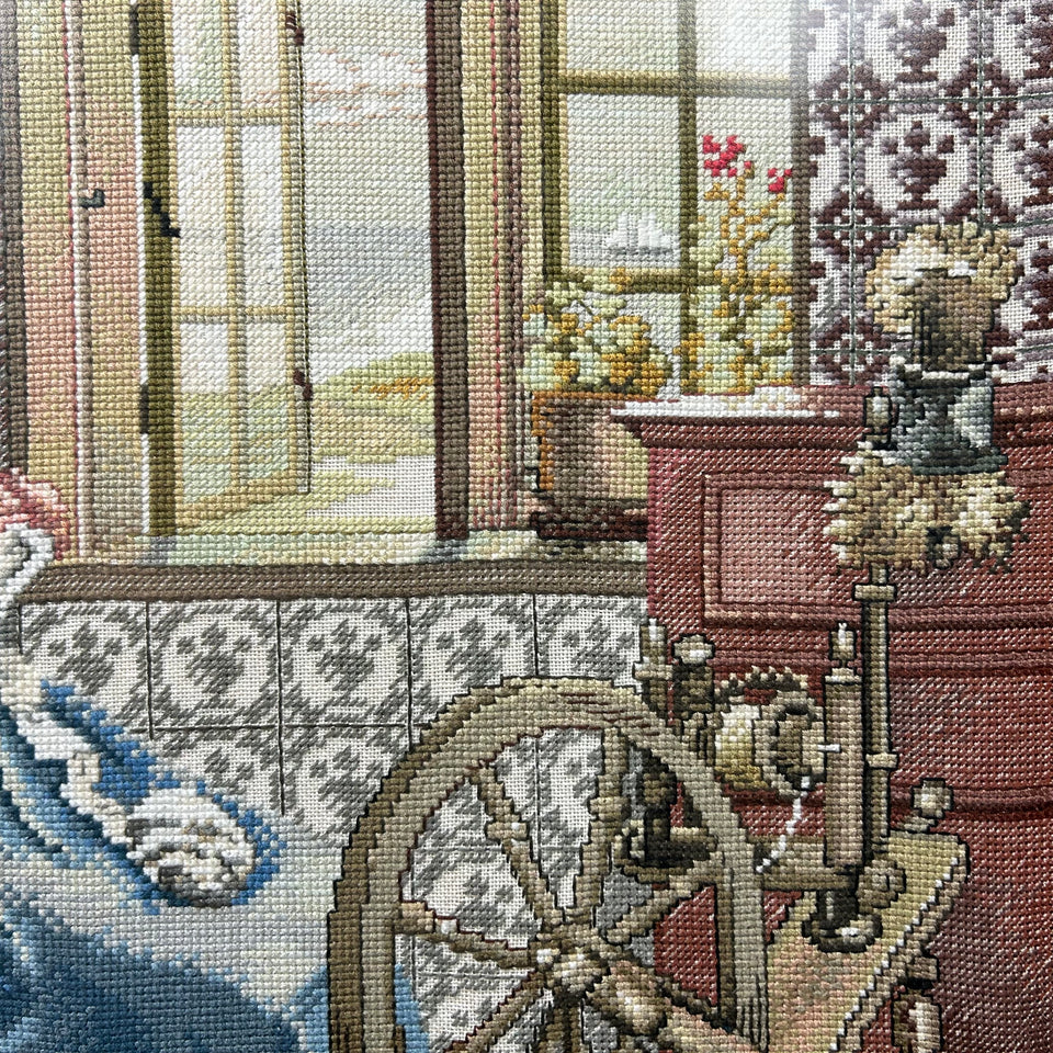 Woman knotting 19th century style - Vintage Embroidery - Tapestry - Patchwork - Cotton work - Framed