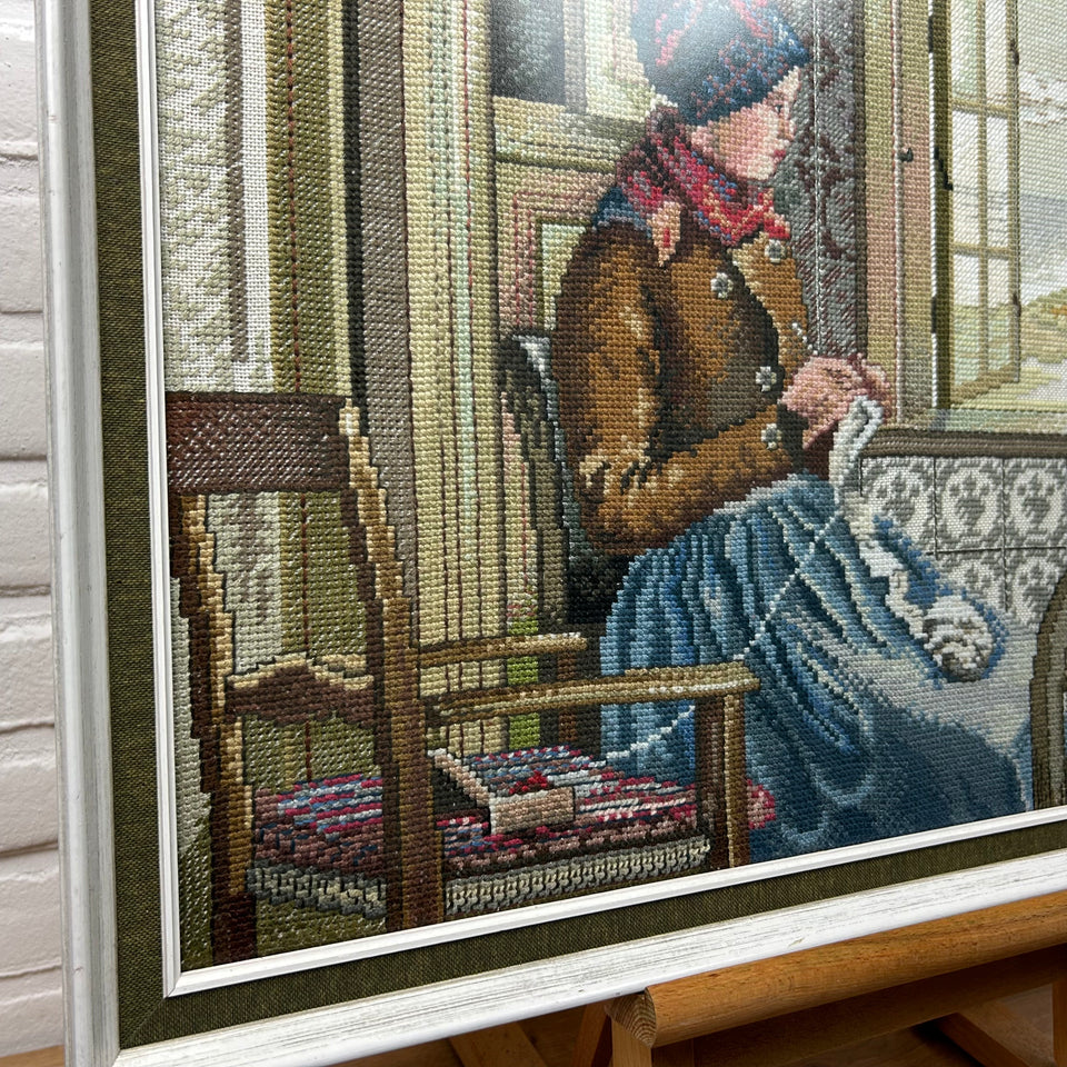 Woman knotting 19th century style - Vintage Embroidery - Tapestry - Patchwork - Cotton work - Framed