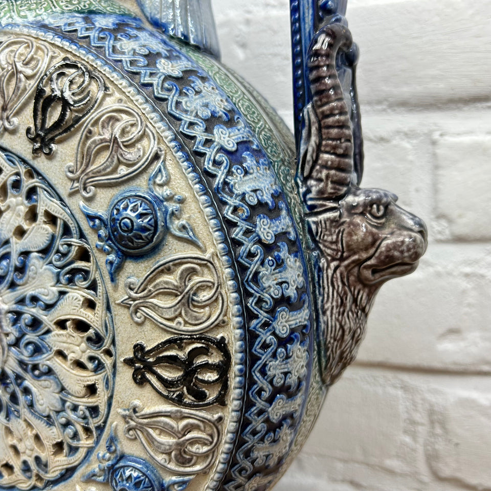 Large Blue and White Westerwald Moon Jug Vase with Handles