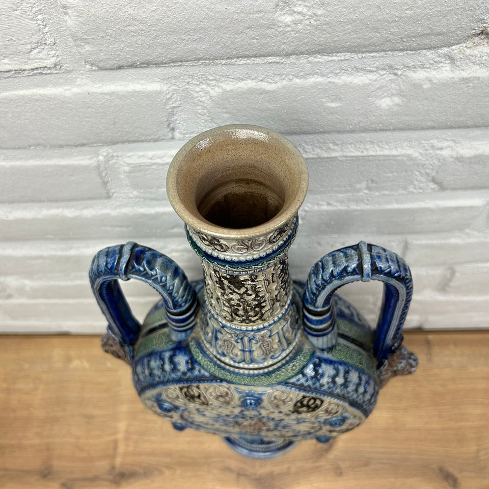 Large Blue and White Westerwald Moon Jug Vase with Handles