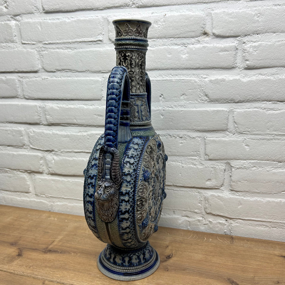 Large Blue and White Westerwald Moon Jug Vase with Handles