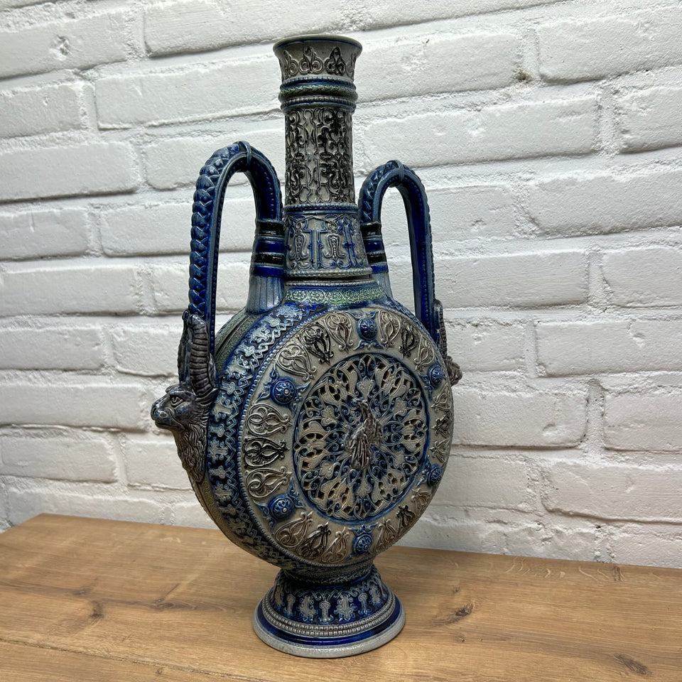 Large Blue and White Westerwald Moon Jug Vase with Handles