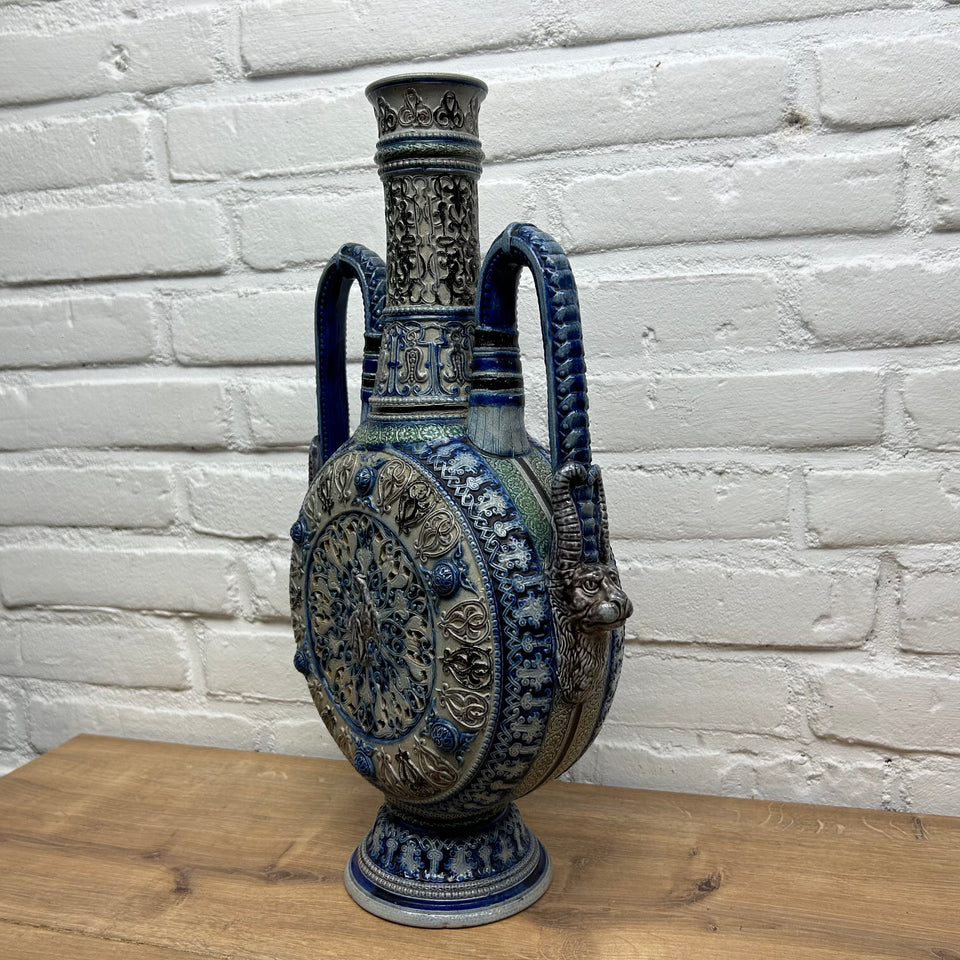 Large Blue and White Westerwald Moon Jug Vase with Handles