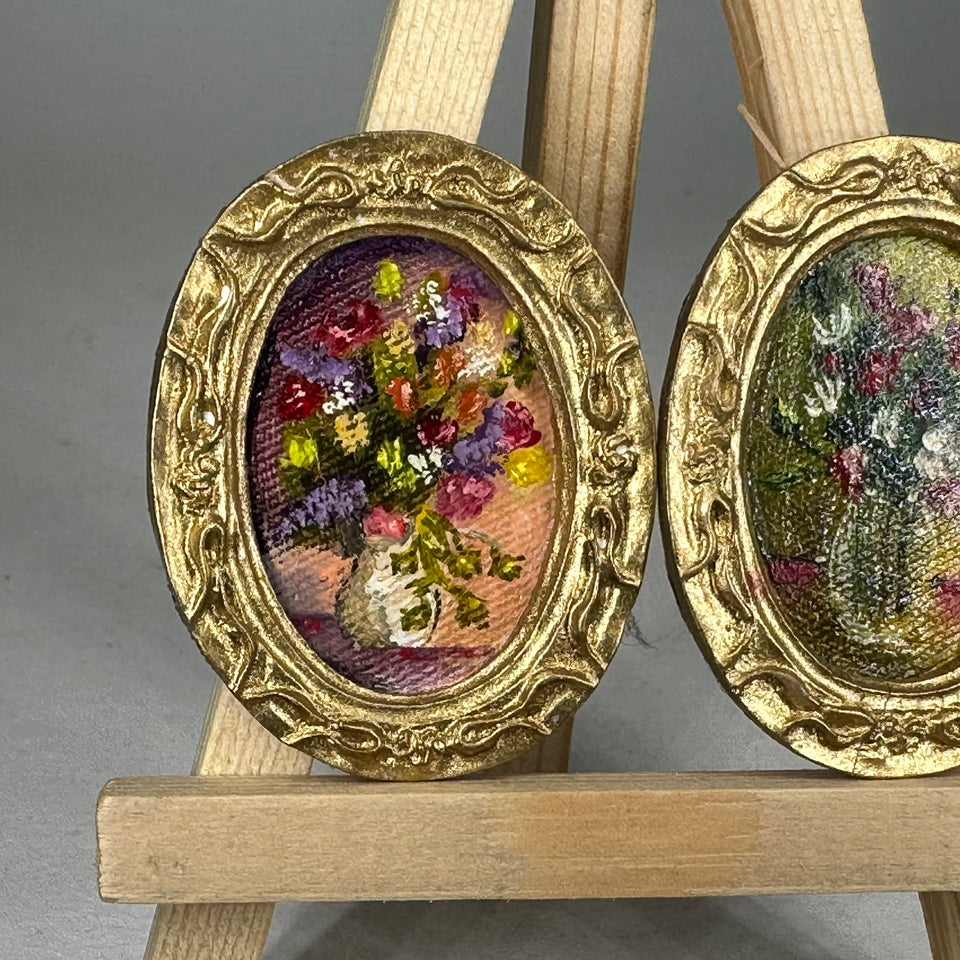2 Miniature hand painted oval Floral paintings for dollhouse