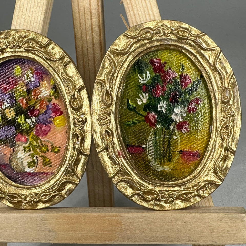 2 Miniature hand painted oval Floral paintings for dollhouse