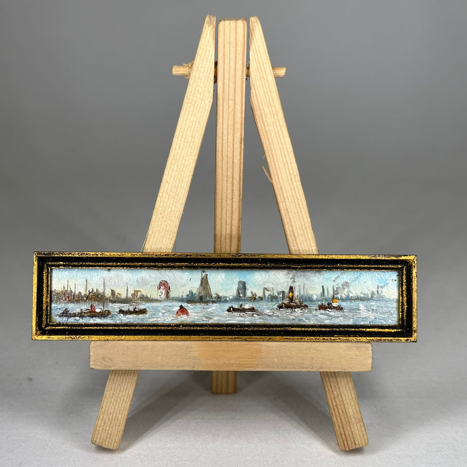 Miniature hand painted horizontal wide painting Harbor with boats