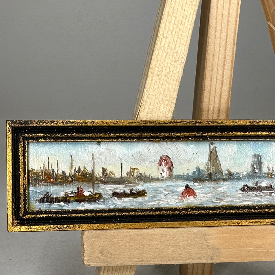 Miniature hand painted horizontal wide painting Harbor with boats