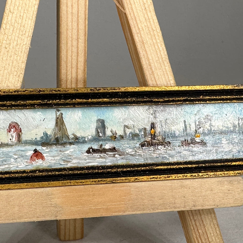 Miniature hand painted horizontal wide painting Harbor with boats