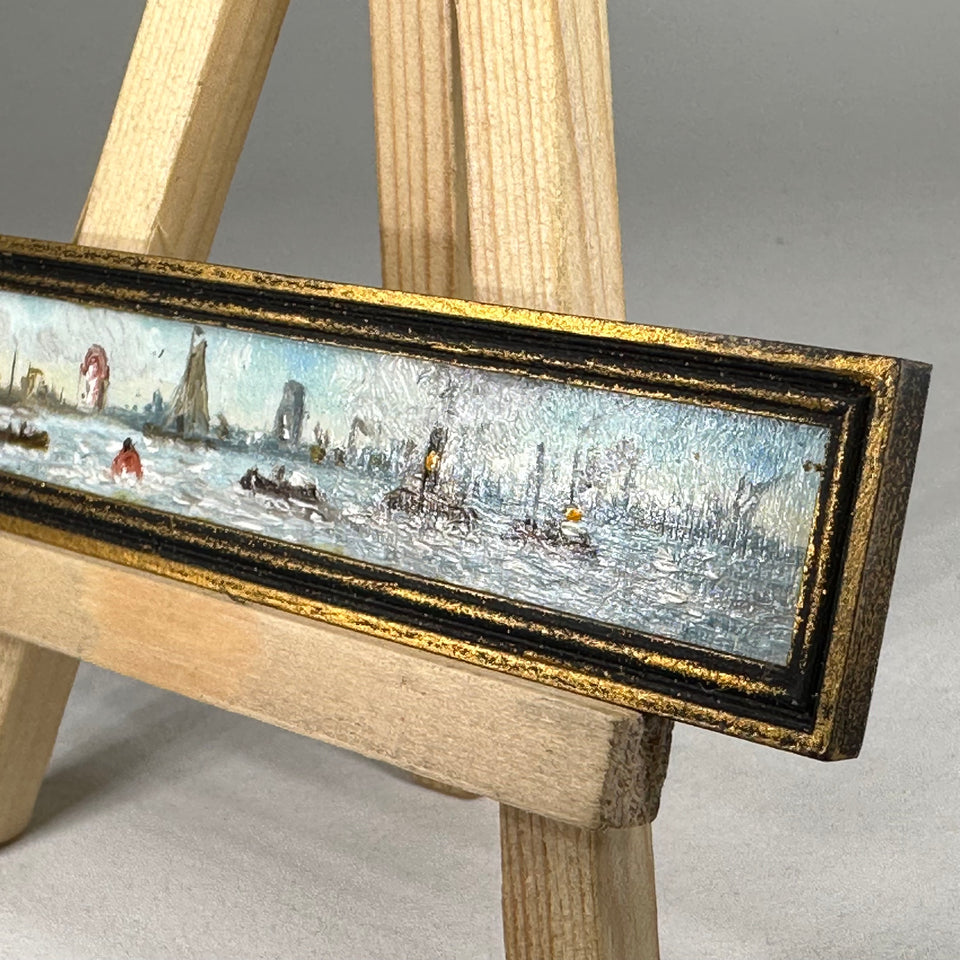 Miniature hand painted horizontal wide painting Harbor with boats