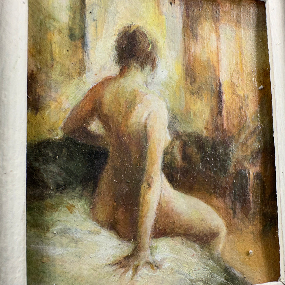 Miniature hand painted painting naked woman on bed