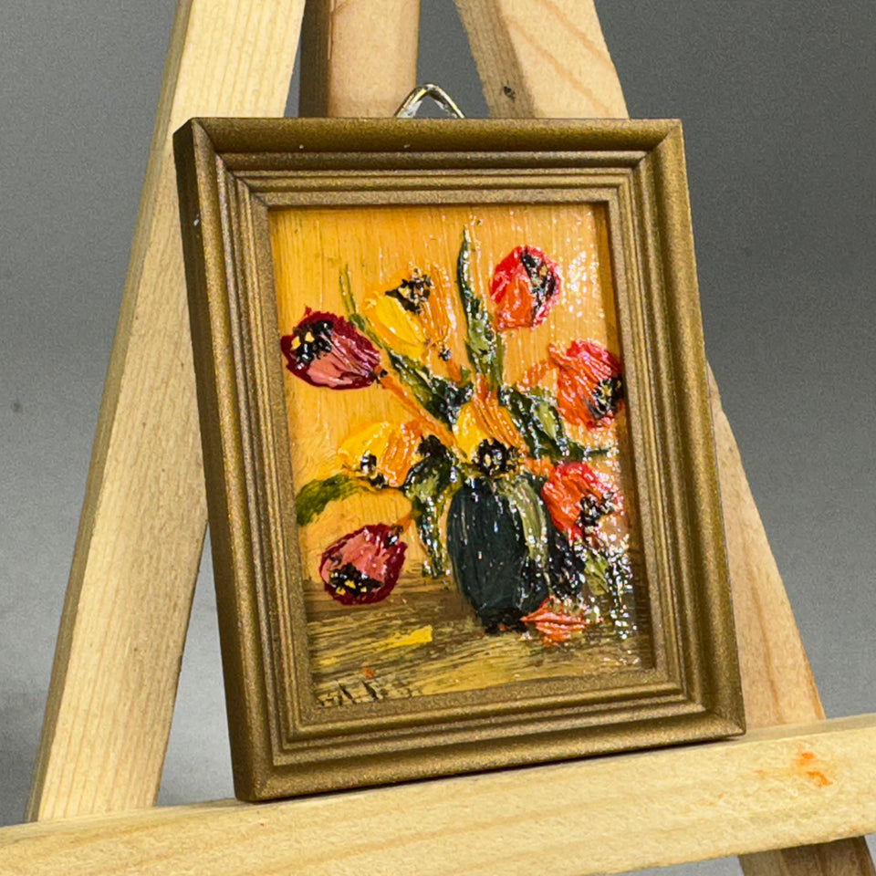 Miniature dollhouse painting of a bouquet of flowers