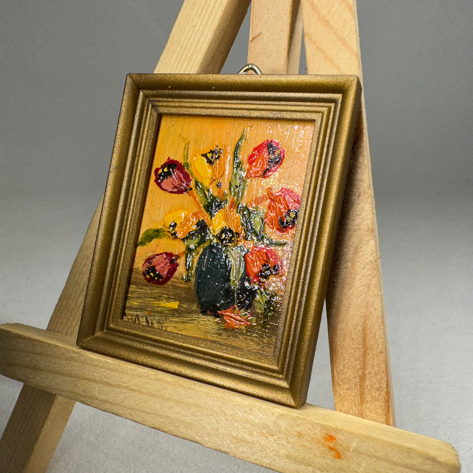 Miniature dollhouse painting of a bouquet of flowers