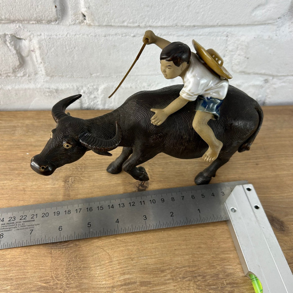 Shiwan Mudman Pottery Ceramic -  Boy and girl riding water buffalo's