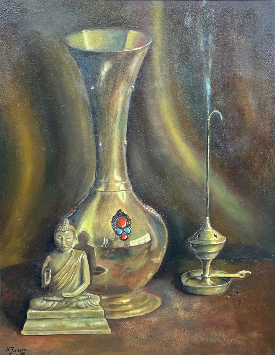 H. Janssen (20th century) - Still life with buddha and shiny vase and incense burner