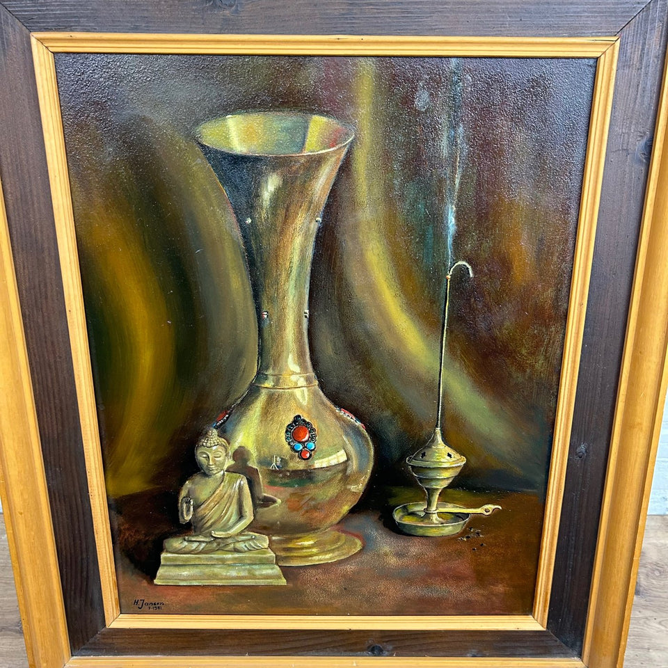 H. Janssen (20th century) - Still life with buddha and shiny vase and incense burner