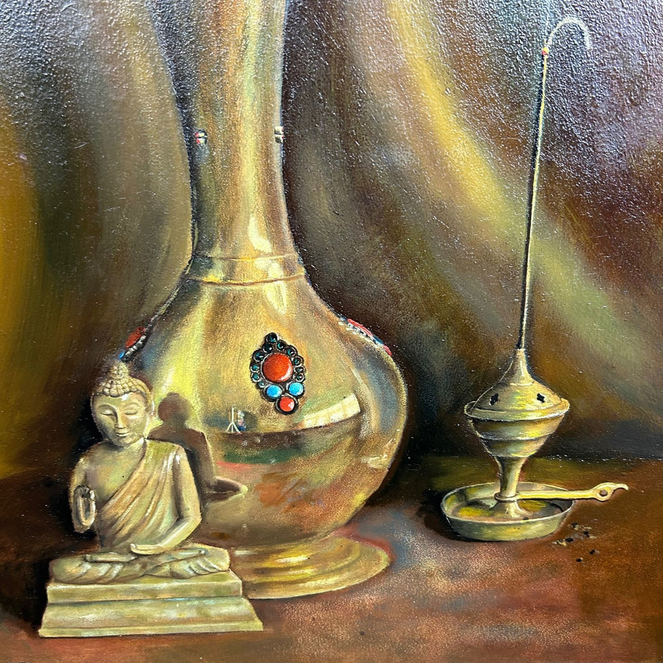H. Janssen (20th century) - Still life with buddha and shiny vase and incense burner