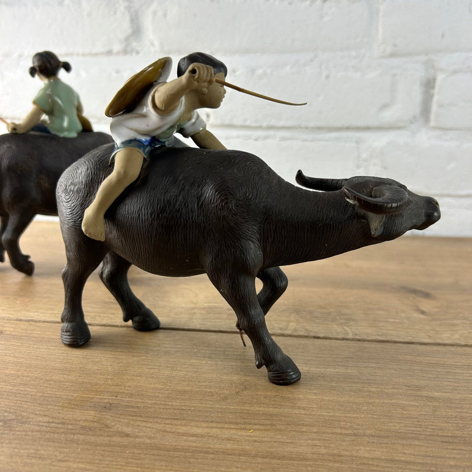 Shiwan Mudman Pottery Ceramic -  Boy and girl riding water buffalo's