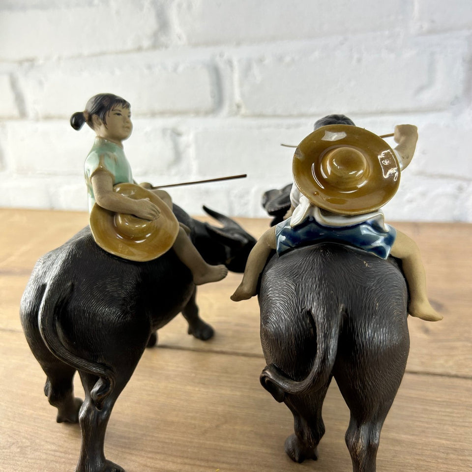 Shiwan Mudman Pottery Ceramic -  Boy and girl riding water buffalo's