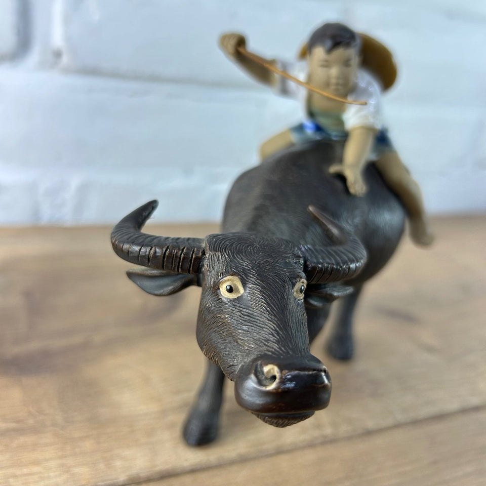 Shiwan Mudman Pottery Ceramic -  Boy and girl riding water buffalo's
