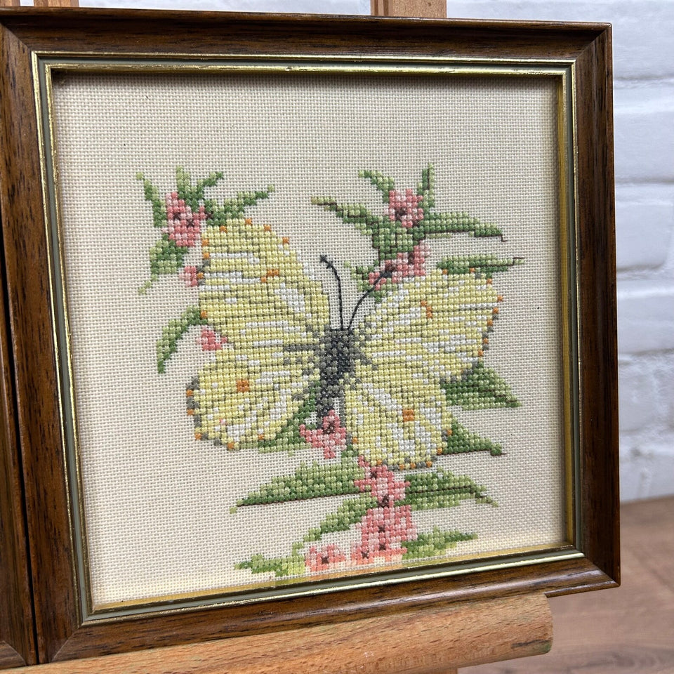 2 x Butterfly Floral Embroidery - Cottonwork - Framed