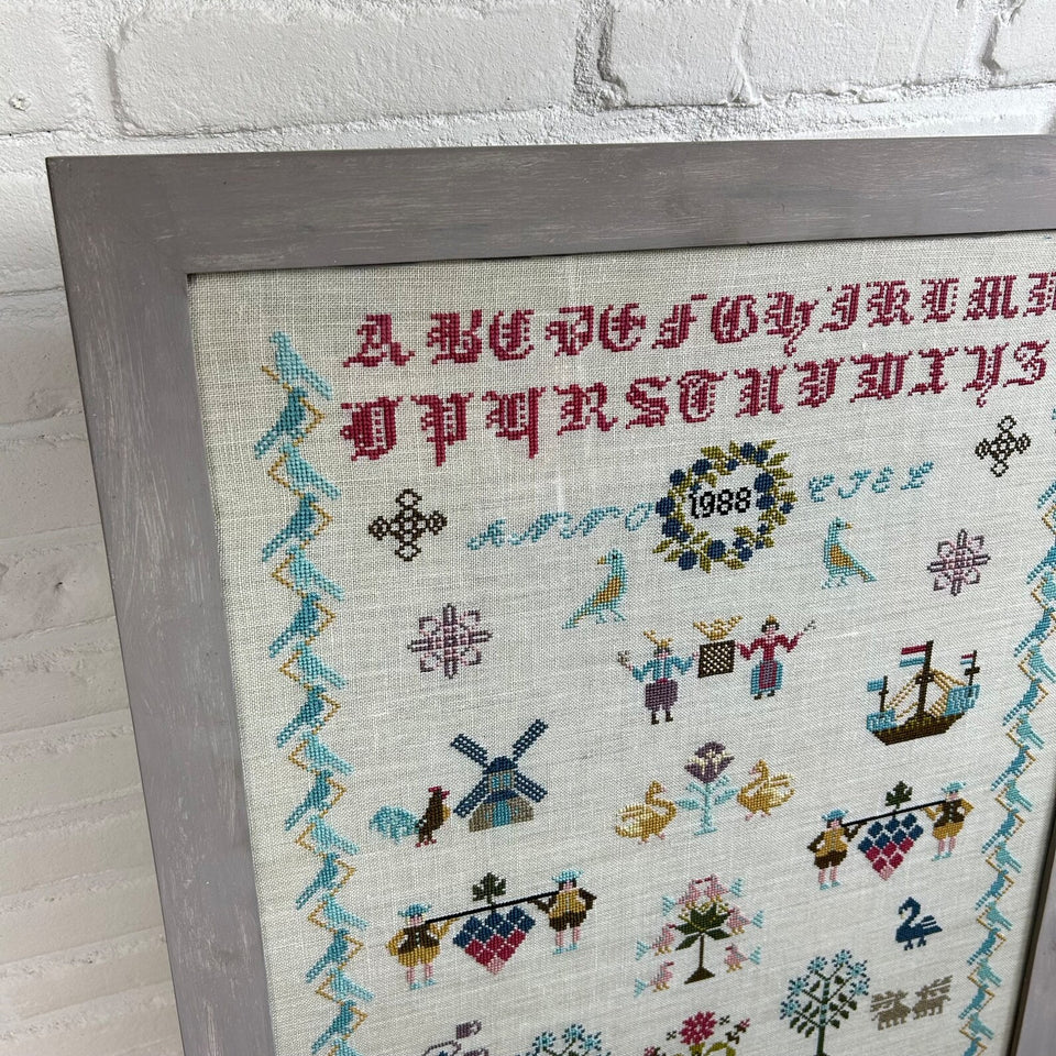 Large Vintage Sampler - Embroidery - Cottonwork - Framed
