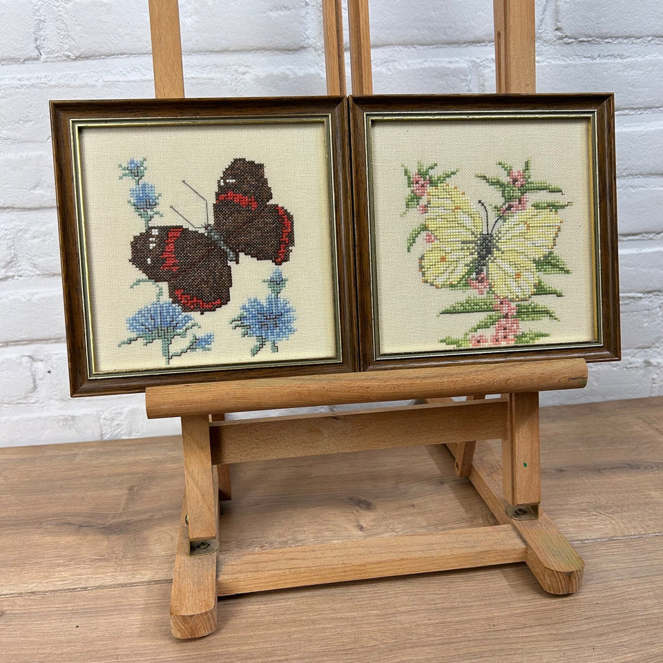 2 x Butterfly Floral Embroidery - Cottonwork - Framed