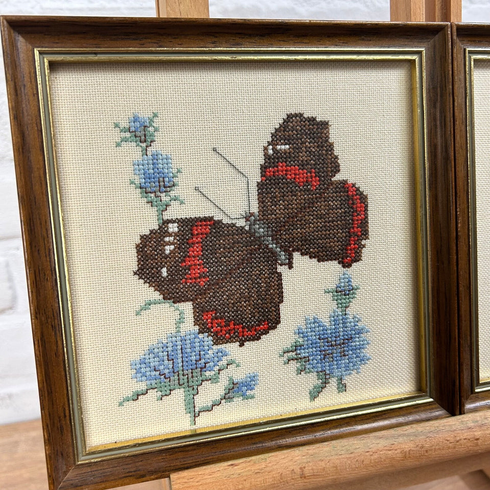 2 x Butterfly Floral Embroidery - Cottonwork - Framed