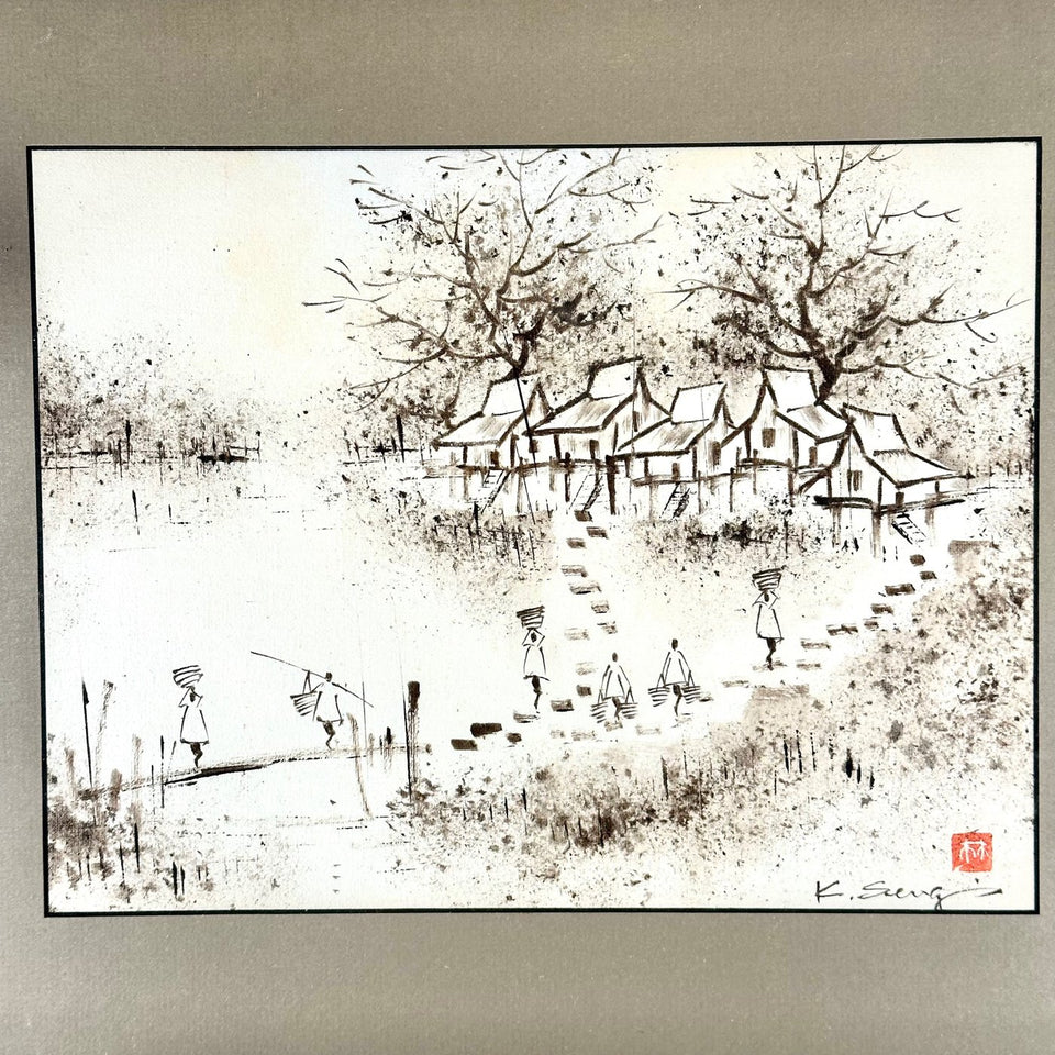 Ink painting of a Japanese village