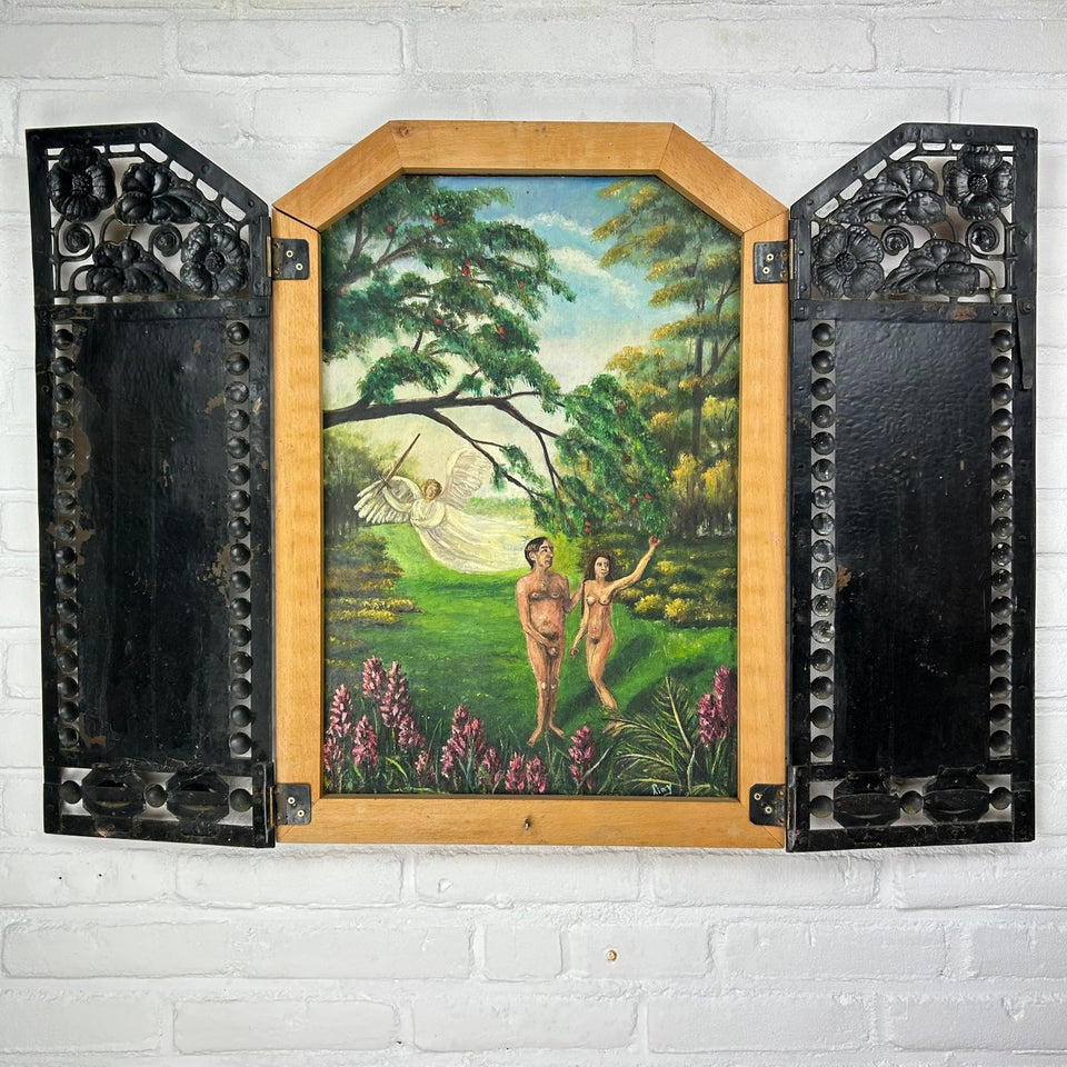 The Garden of Eden painting in unique frame with messing doors