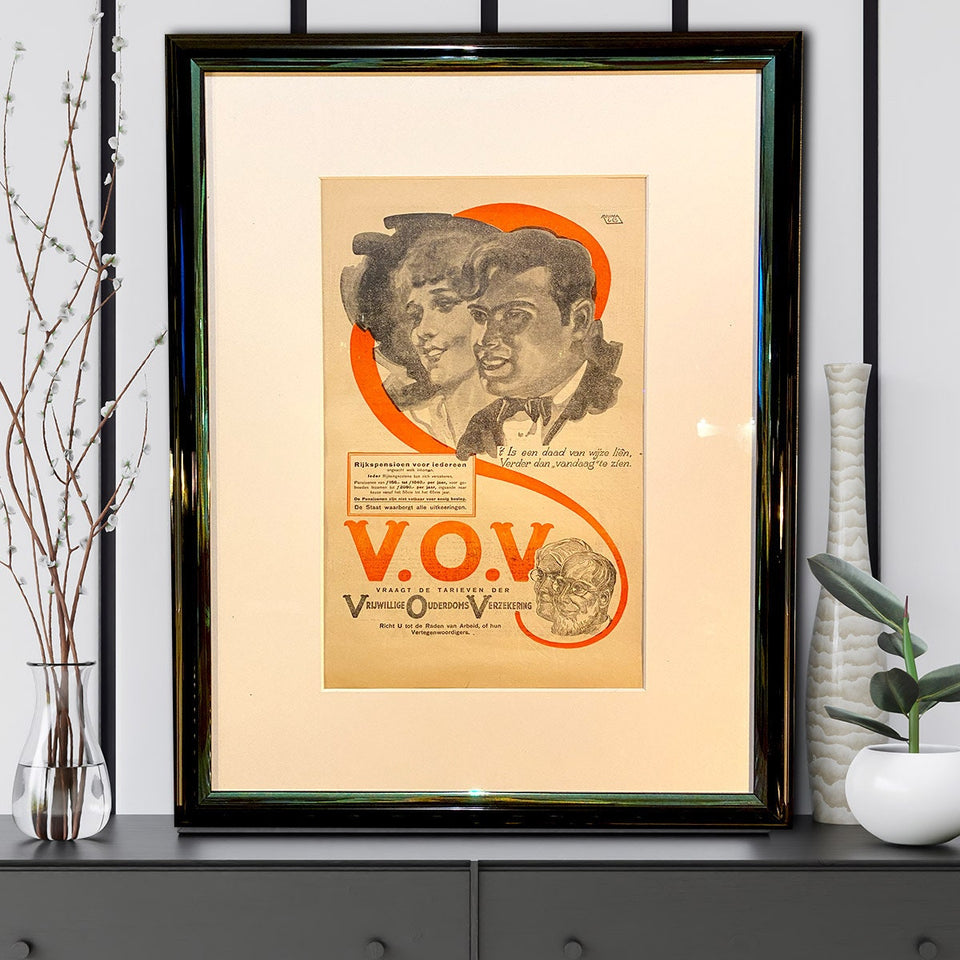 Original "VOV ouderen pensioen fonds" advertisement from 1928 |  Unique color print | Vintage advertising | Retro