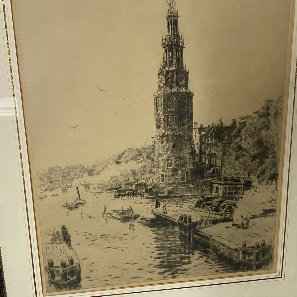 De Montelbaanstoren in Amsterdam - Bobeldijk - Originele ets!