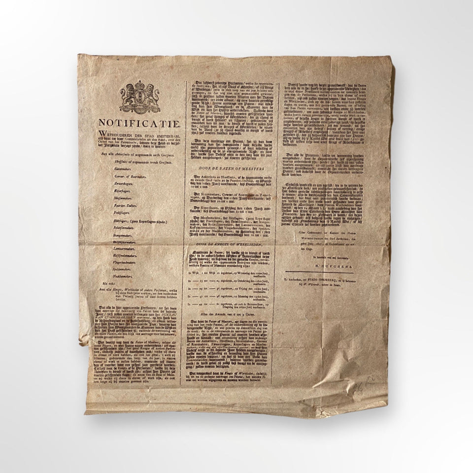 Antique notification poster Amsterdam From 1807 on patent law. (Precursor newspaper)