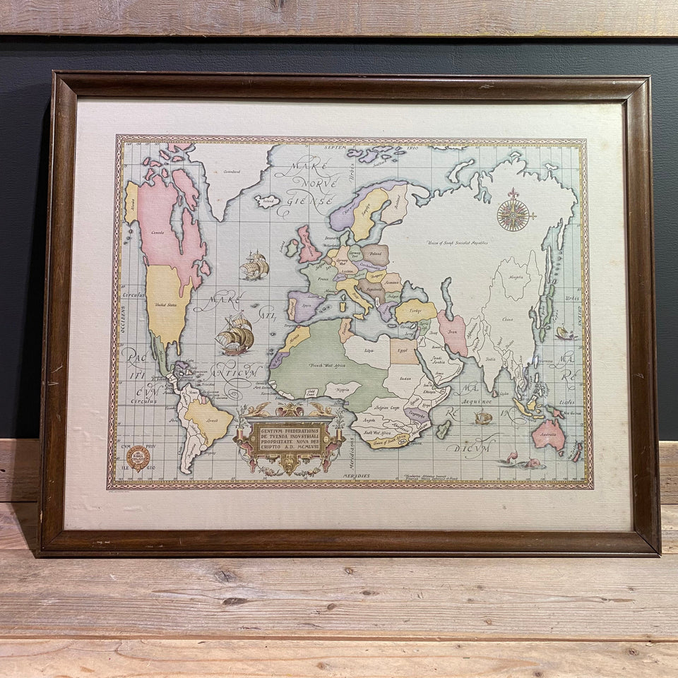 Antique World map etching handcolored - framed behind glass