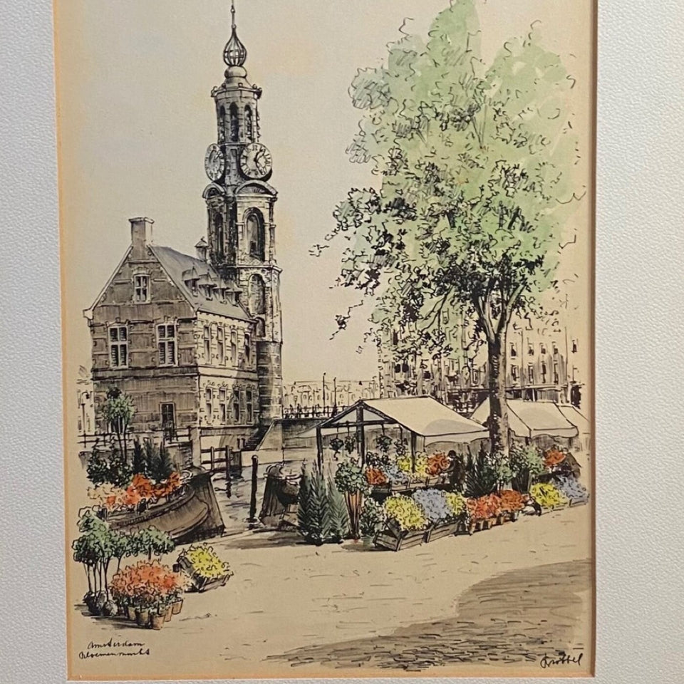 Bloemenmarkt Amsterdam - Bob Brobbel - Hand colored print