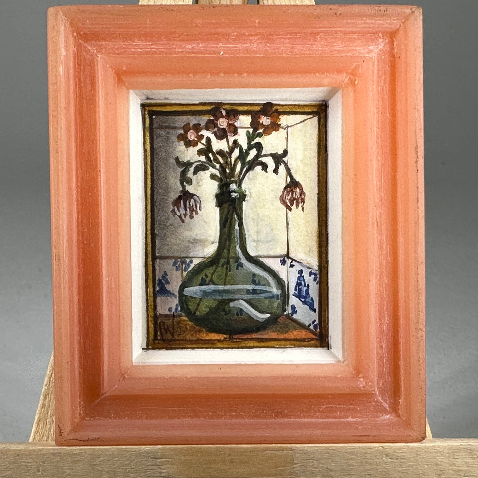 Miniature hand painted painting, still life with flowers in vase, excellent work