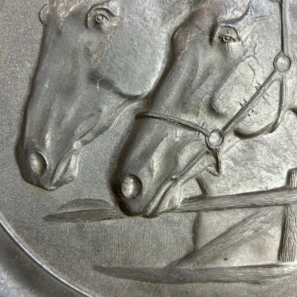 Antique Horse Pewter Decorative Plate, Two Horses Stading at a Fence