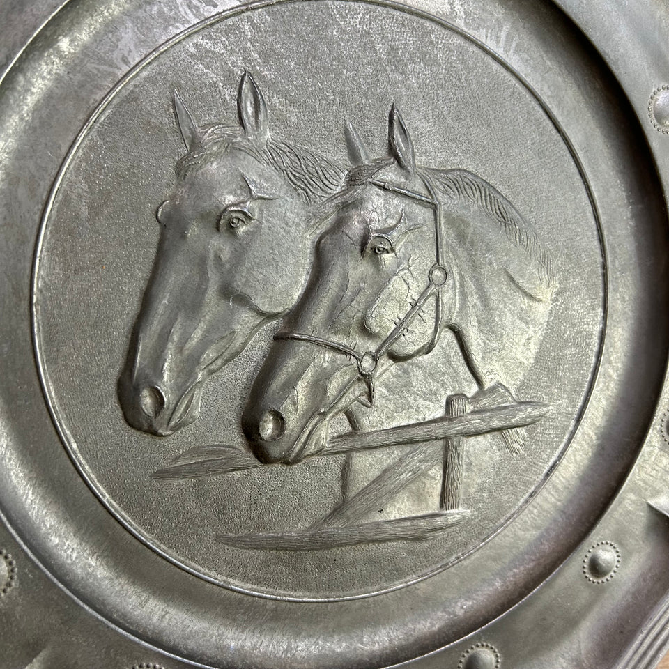 Antique Horse Pewter Decorative Plate, Two Horses Stading at a Fence