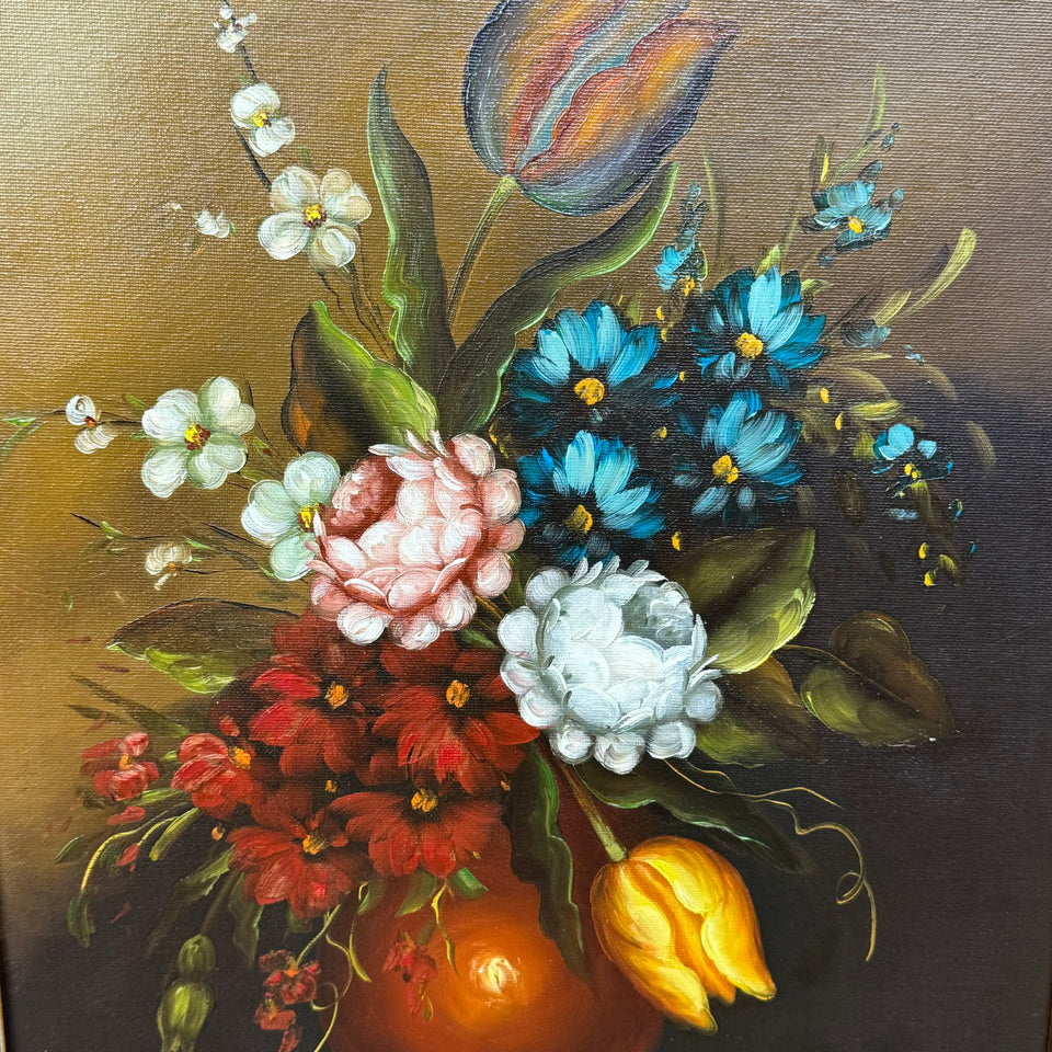 Still life bouquet of flowers - Oil painting in wooden frame