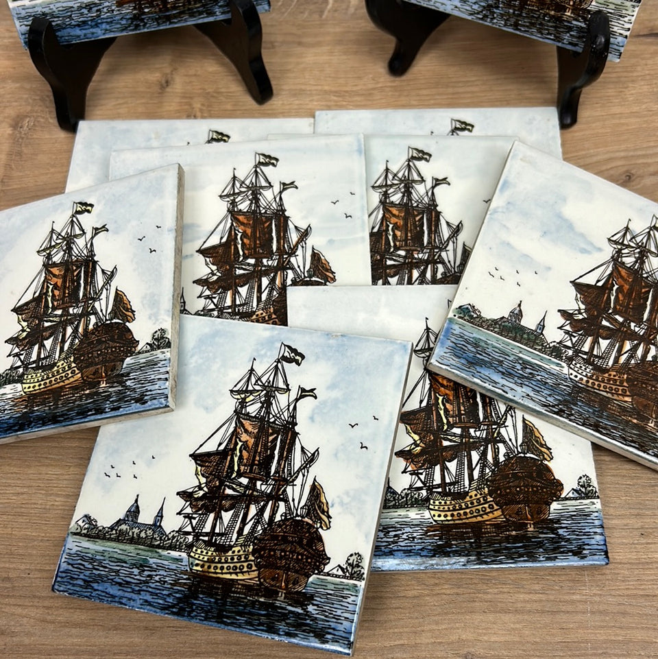 A set of 2 hand painted Dutch Sailing Ships - Ceramic Tiles - Also available in larger sets