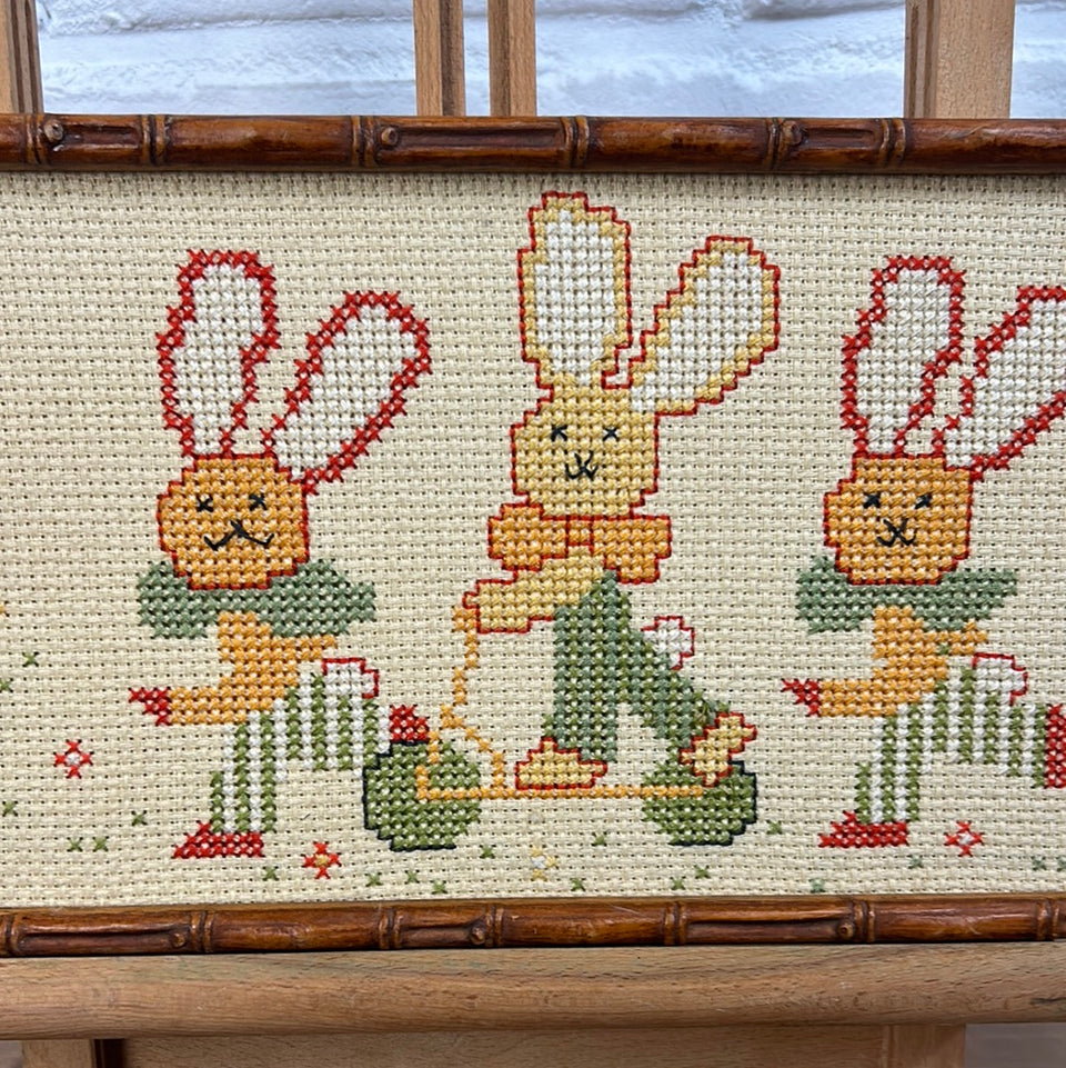 Bunnies Childrens room Embroidery - Tapestry Rabbits - Patchwork - Cotton work - Framed