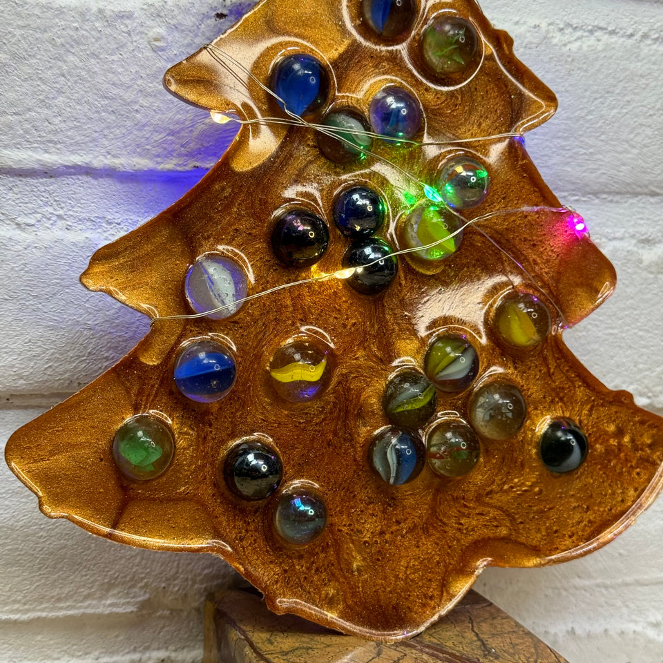 Glass Marbles Christmas tree - Gold Resin epoxy art with colored lights